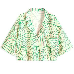 Marker Line-Drawn Oversized Boxy Cropped Pocket Blouse, XS